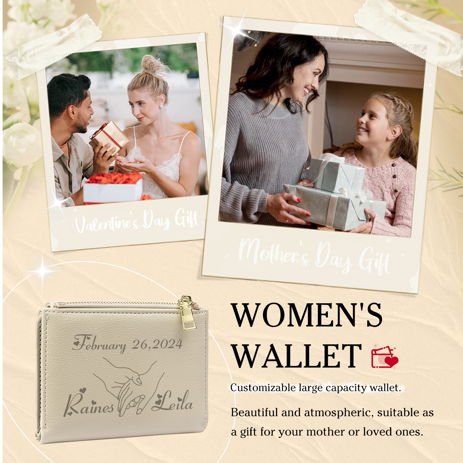 Personalised Women’s Wallet with Custom 2 Names and 1 Date - Romantic Holding Hands Design, Valentine’s Day Gift for Her | Jessemade