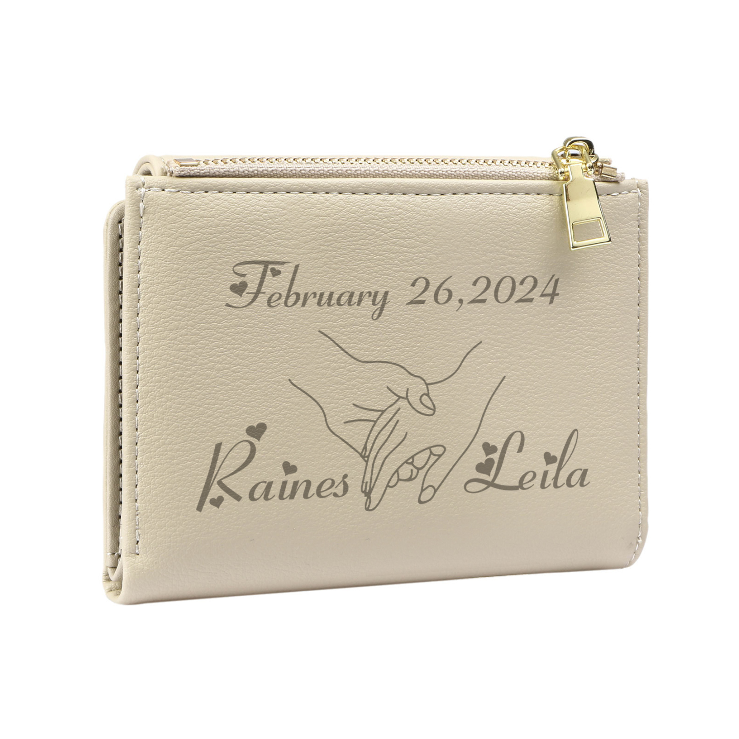 Personalised Women’s Wallet with Custom 2 Names and 1 Date - Romantic Holding Hands Design, Valentine’s Day Gift for Her | Jessemade