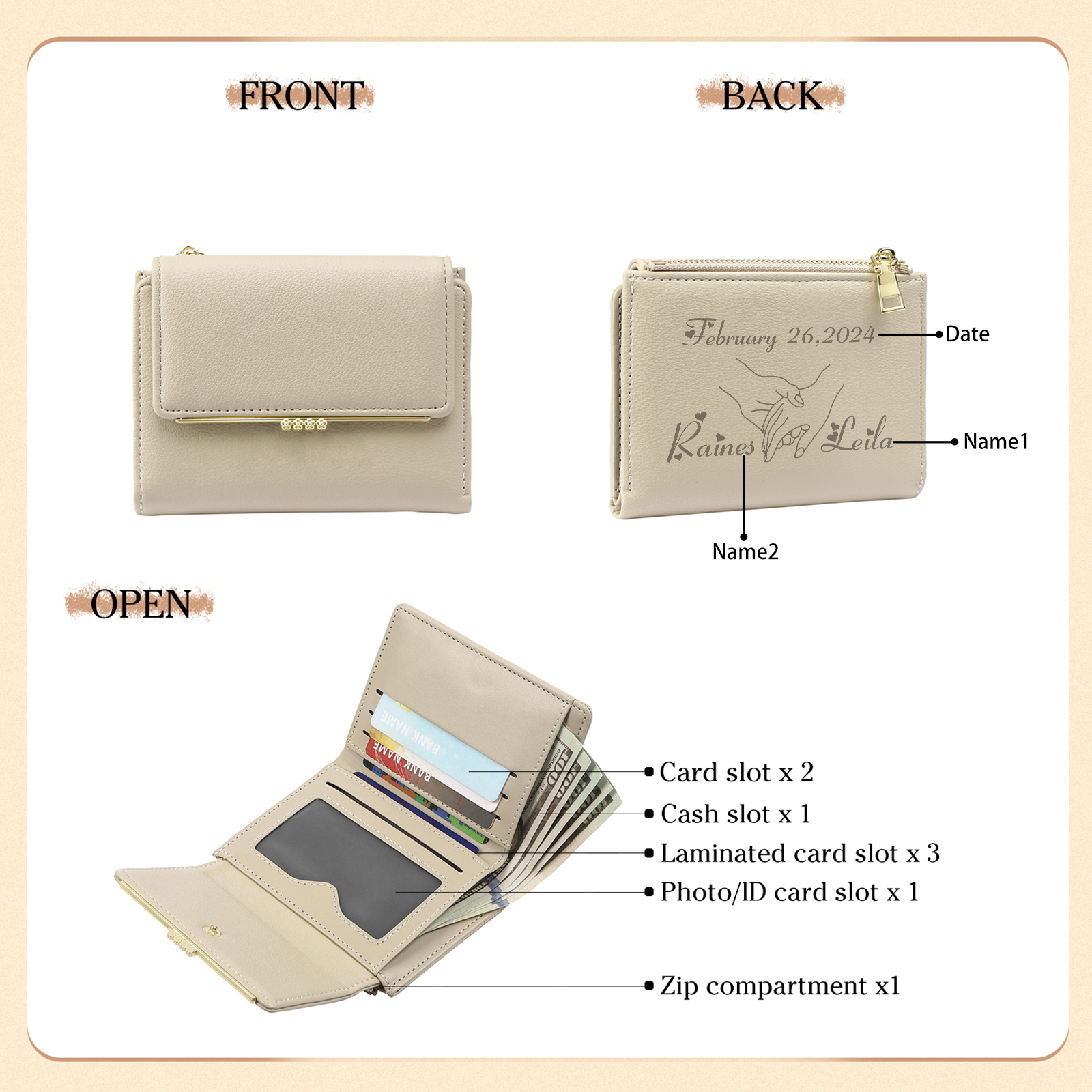 Personalised Women’s Wallet with Custom 2 Names and 1 Date - Romantic Holding Hands Design, Valentine’s Day Gift for Her | Jessemade