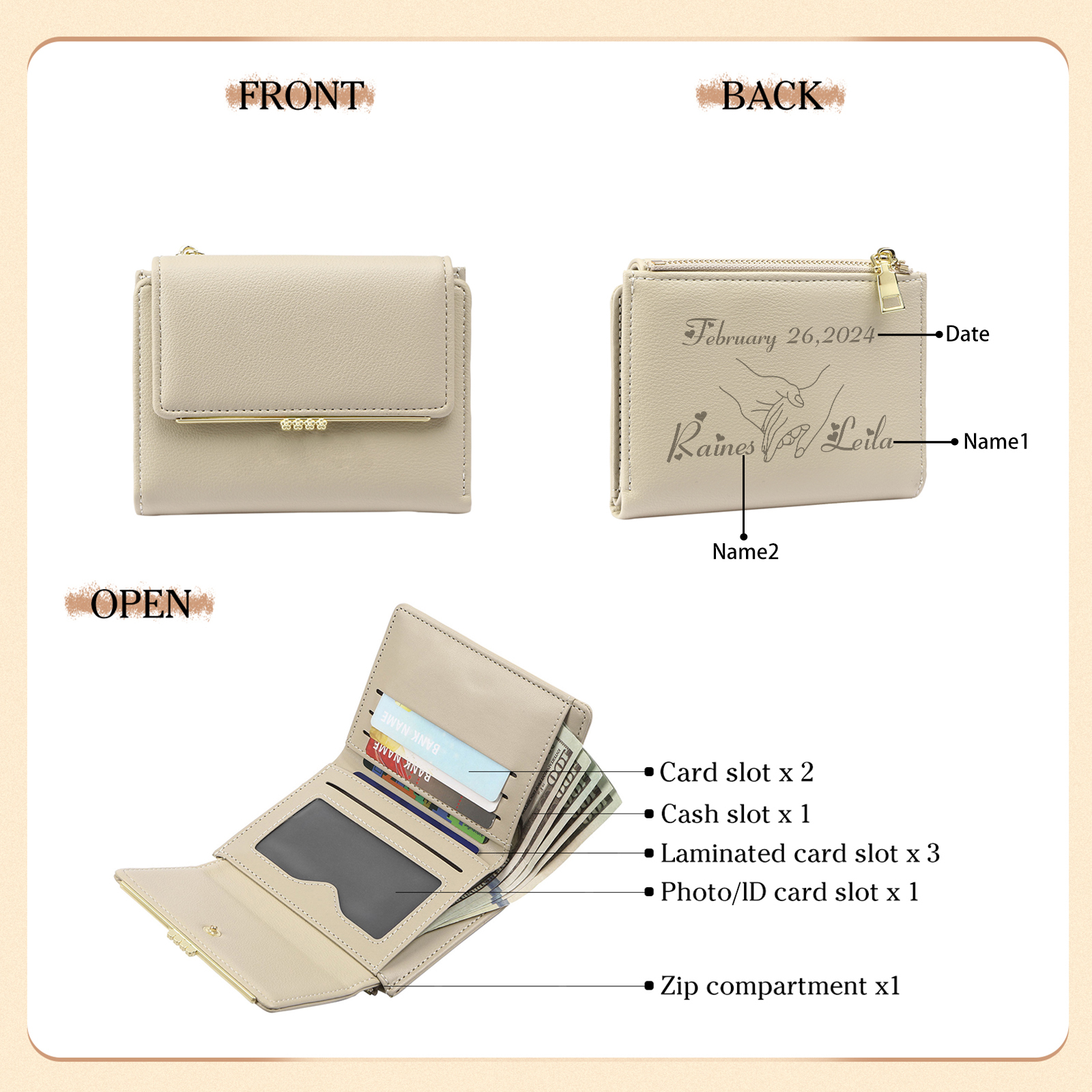 Personalised Women’s Wallet with Custom 2 Names and 1 Date - Romantic Holding Hands Design, Valentine’s Day Gift for Her | Jessemade