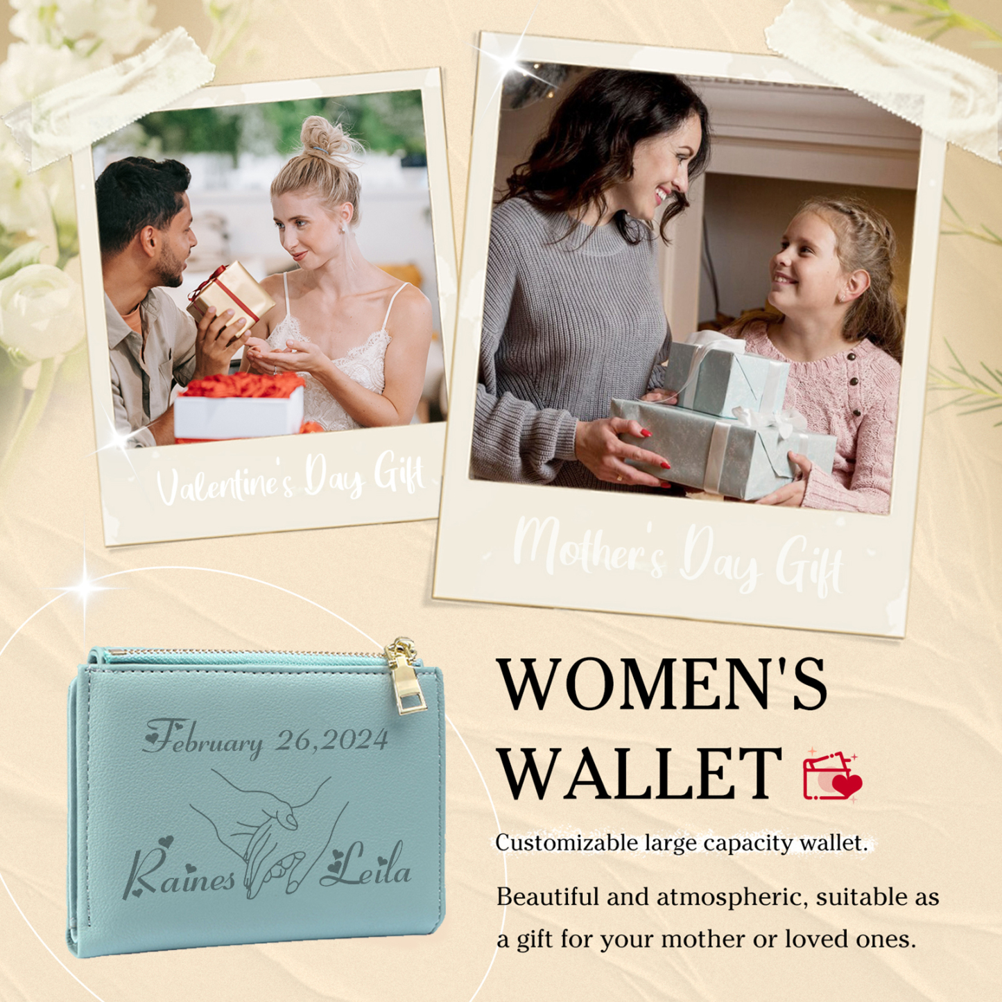 Personalised Women’s Wallet with Custom 2 Names and 1 Date - Romantic Holding Hands Design, Valentine’s Day Gift for Her | Jessemade