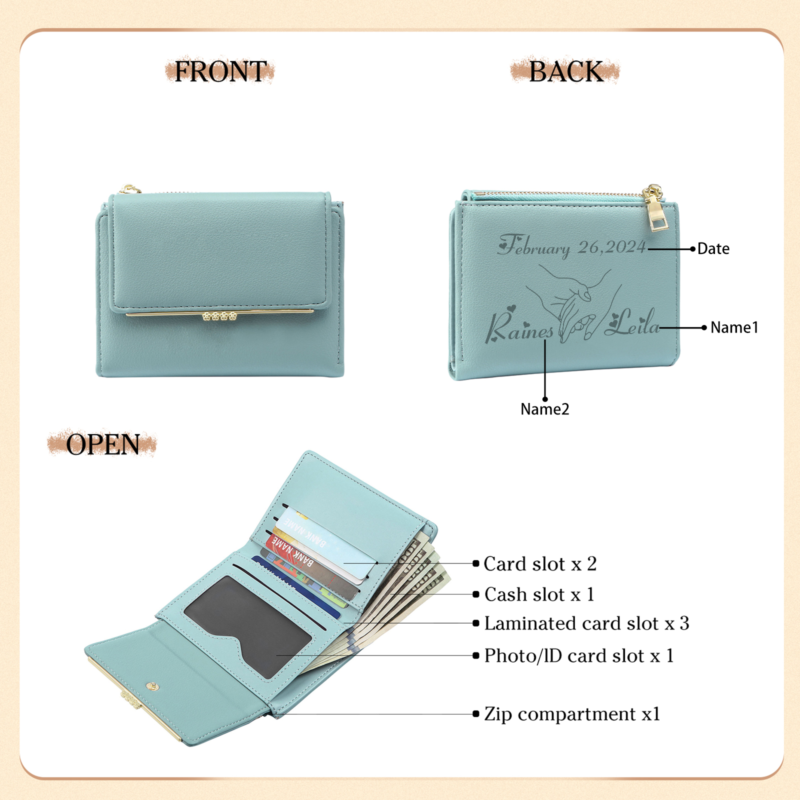 Personalised Women’s Wallet with Custom 2 Names and 1 Date - Romantic Holding Hands Design, Valentine’s Day Gift for Her | Jessemade