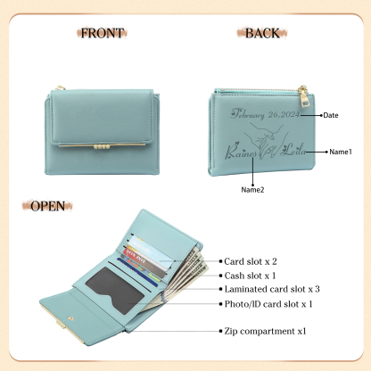 Personalised Women’s Wallet with Custom 2 Names and 1 Date - Romantic Holding Hands Design, Valentine’s Day Gift for Her | Jessemade