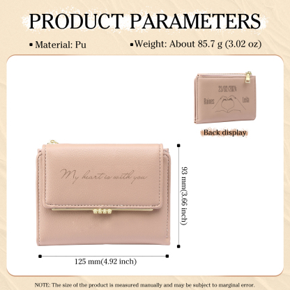 Personalised Women’s Wallet with Custom 2 Names, 1 Date, Text & Heart Gesture Design – Valentine’s Day Gift for Her | Jessemade