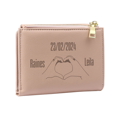 Personalised Women’s Wallet with Custom 2 Names, 1 Date, Text & Heart Gesture Design – Valentine’s Day Gift for Her | Jessemade