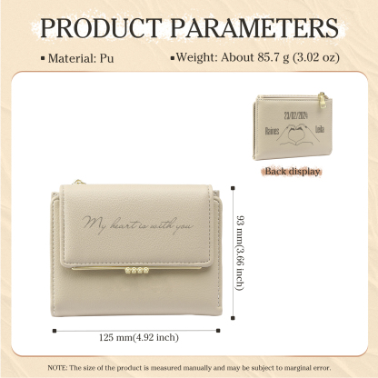 Personalised Women’s Wallet with Custom 2 Names, 1 Date, Text & Heart Gesture Design – Valentine’s Day Gift for Her | Jessemade