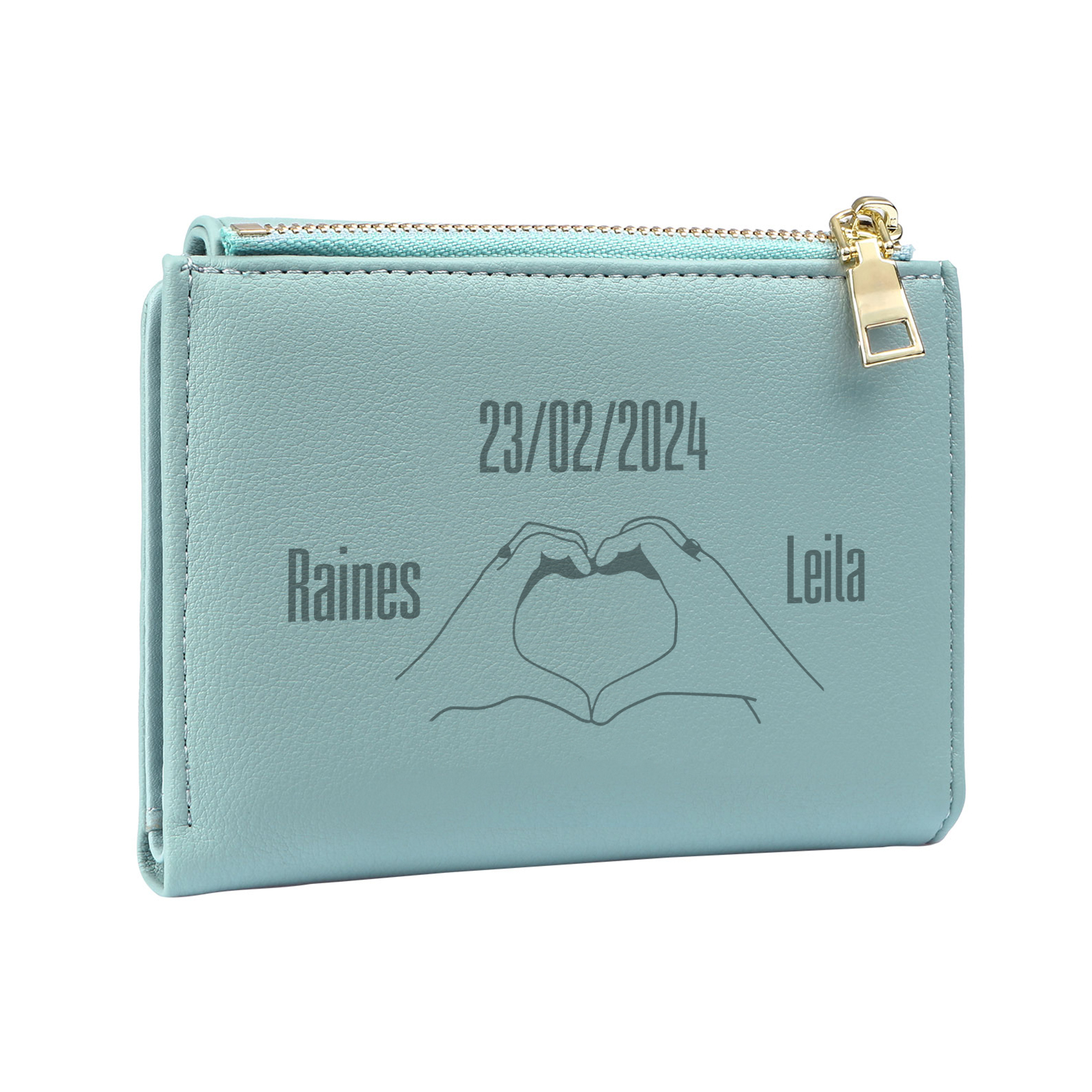 Personalised Women’s Wallet with Custom 2 Names, 1 Date, Text & Heart Gesture Design – Valentine’s Day Gift for Her | Jessemade