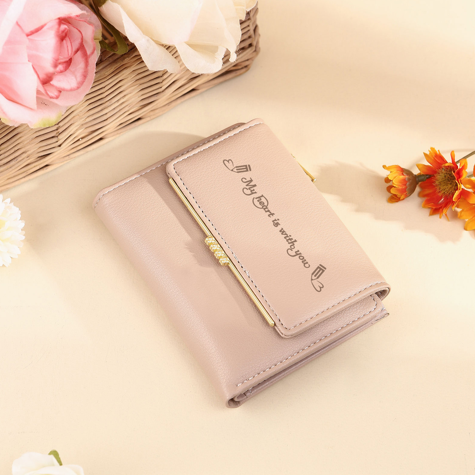 Personalised Women’s Wallet with Custom 2 Names, 1 Date, and 1 Text - "My Heart Is With You" Design, Valentine’s Day Gift for Her | Jessemade