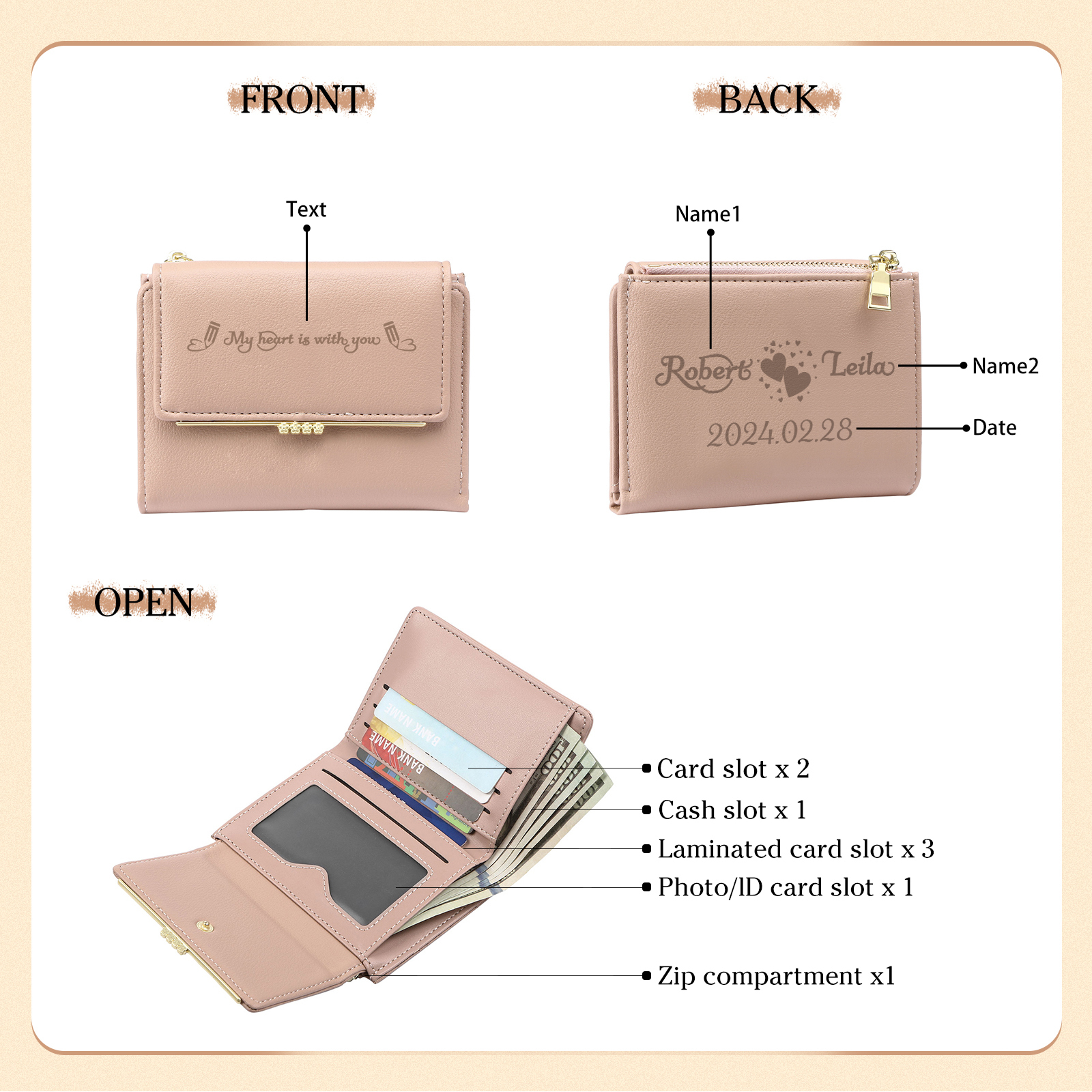 Personalised Women’s Wallet with Custom 2 Names, 1 Date, and 1 Text - "My Heart Is With You" Design, Valentine’s Day Gift for Her | Jessemade