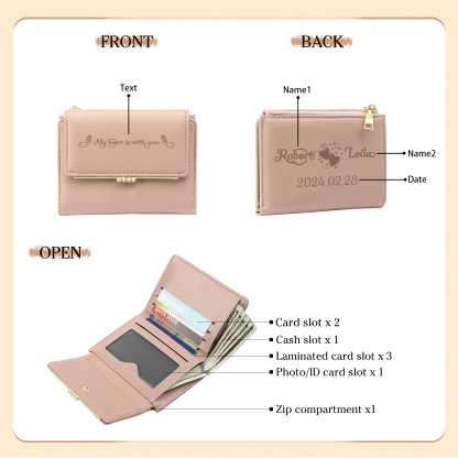 Personalised Women’s Wallet with Custom 2 Names, 1 Date, and 1 Text - "My Heart Is With You" Design, Valentine’s Day Gift for Her | Jessemade