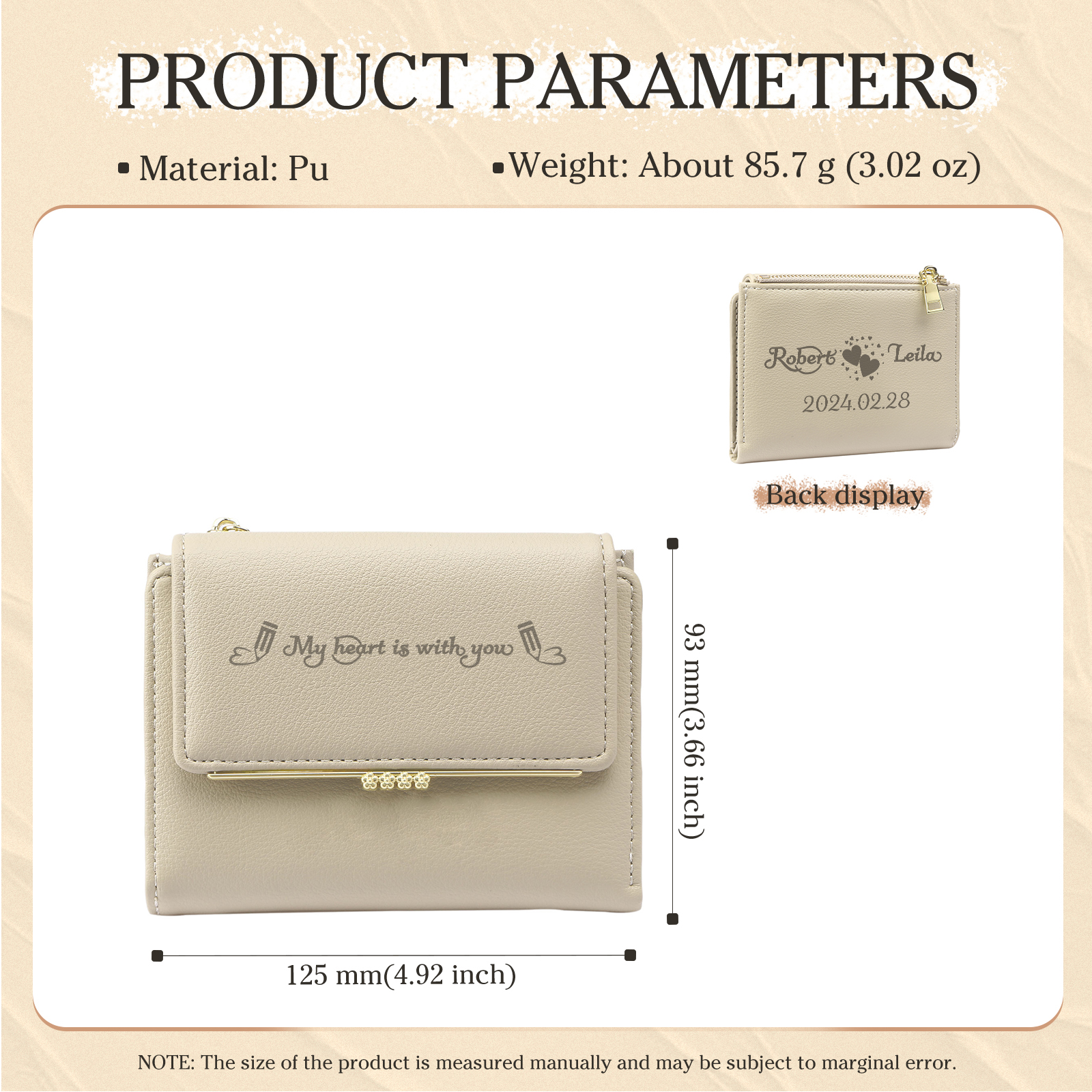 Personalised Women’s Wallet with Custom 2 Names, 1 Date, and 1 Text - "My Heart Is With You" Design, Valentine’s Day Gift for Her | Jessemade