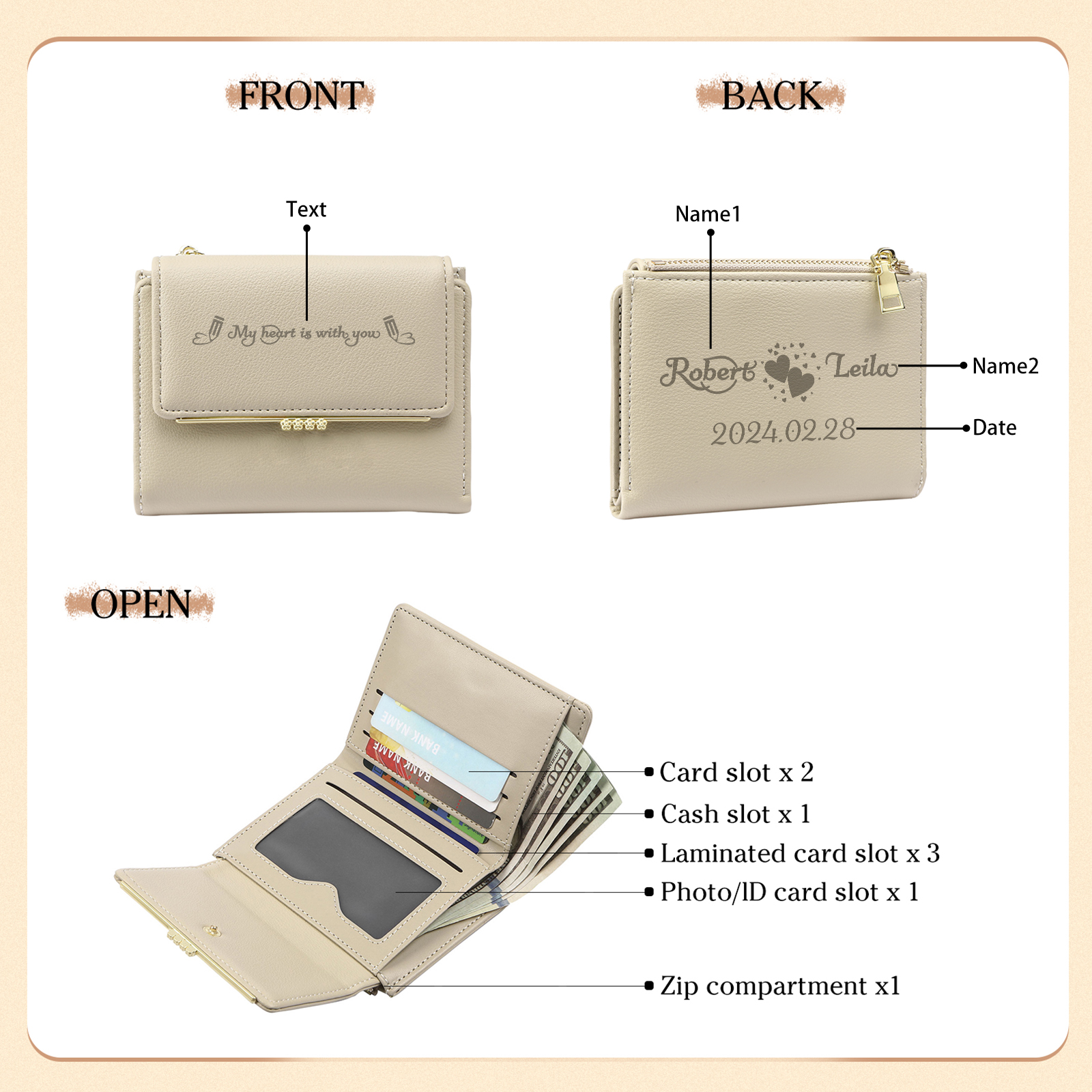 Personalised Women’s Wallet with Custom 2 Names, 1 Date, and 1 Text - "My Heart Is With You" Design, Valentine’s Day Gift for Her | Jessemade