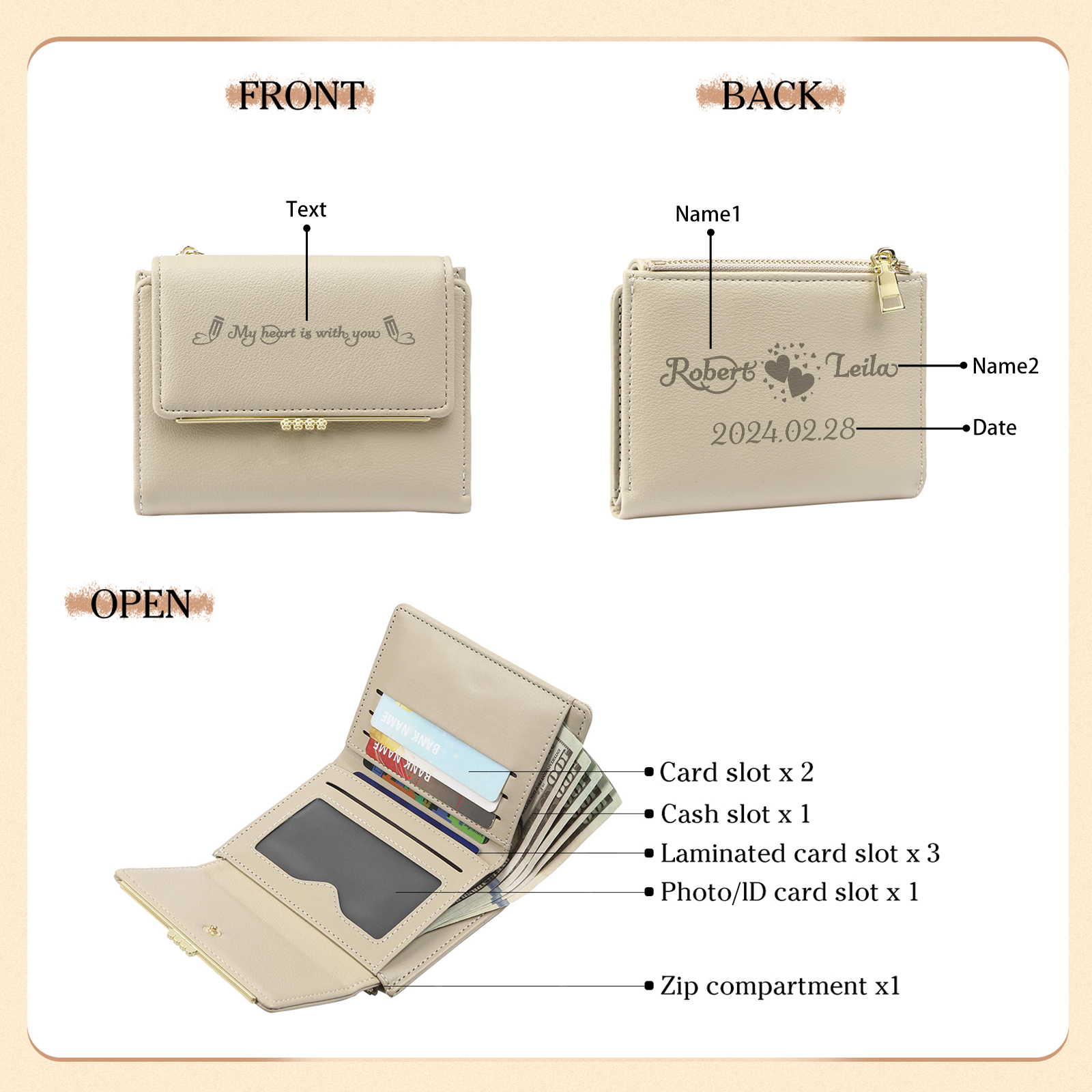 Personalised Women’s Wallet with Custom 2 Names, 1 Date, and 1 Text - "My Heart Is With You" Design, Valentine’s Day Gift for Her | Jessemade