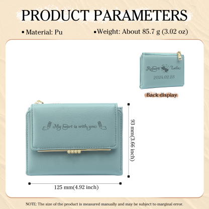 Personalised Women’s Wallet with Custom 2 Names, 1 Date, and 1 Text - "My Heart Is With You" Design, Valentine’s Day Gift for Her | Jessemade