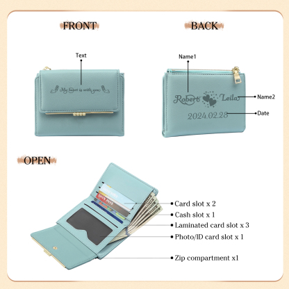 Personalised Women’s Wallet with Custom 2 Names, 1 Date, and 1 Text - "My Heart Is With You" Design, Valentine’s Day Gift for Her | Jessemade