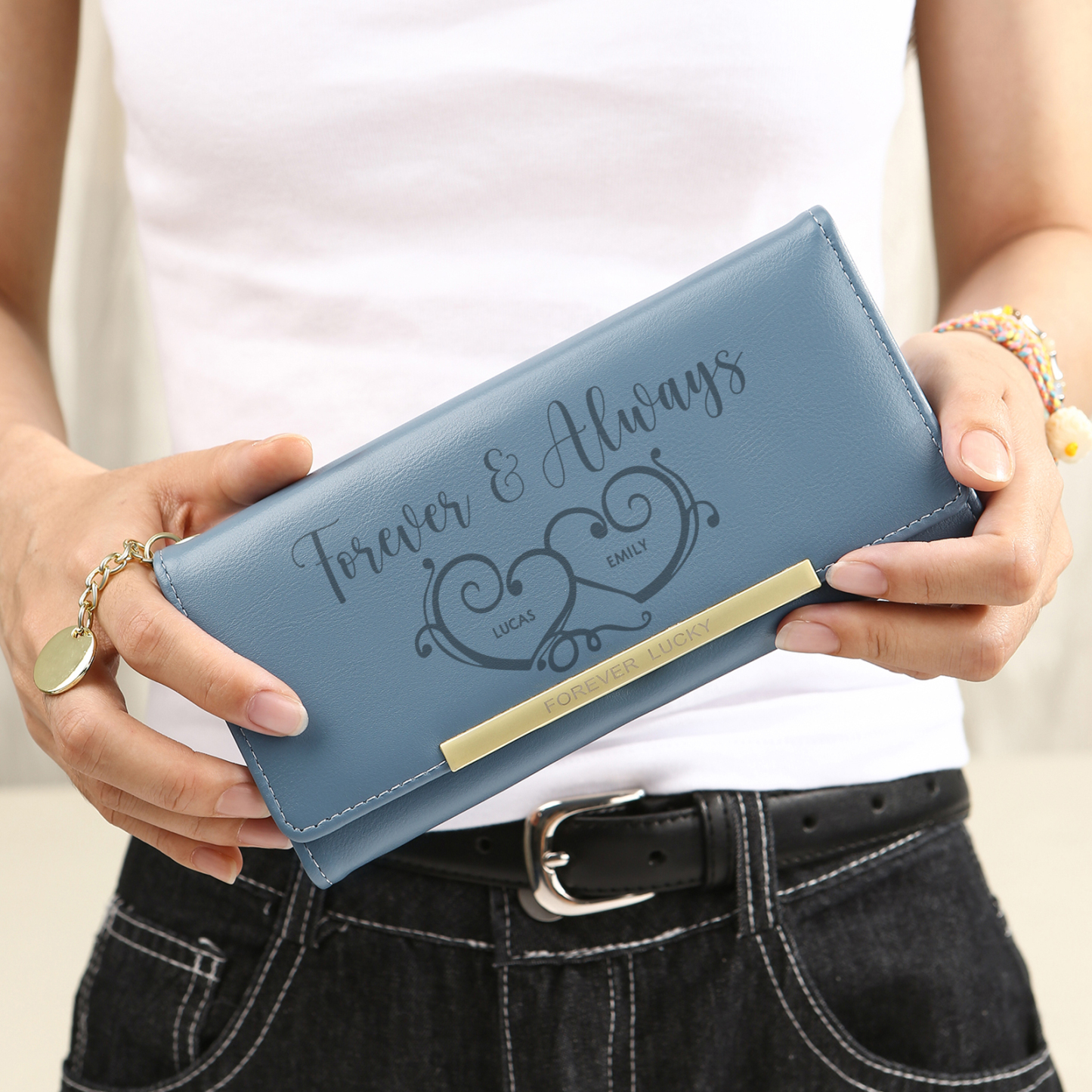 Personalised Women’s Wallet – Custom Names, Photo, Text & “Forever & Always” Heart Engraving – Valentine’s Day Gift for Her | Jessemade
