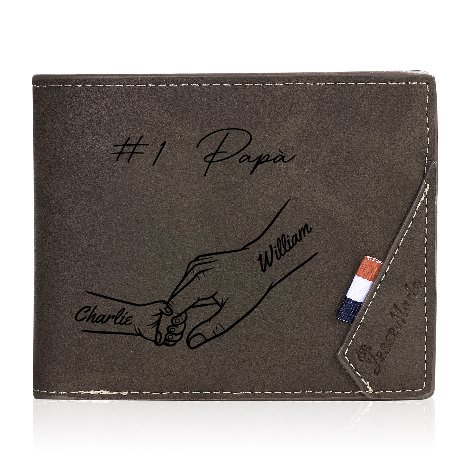 Portafoglio Personalizzato in Pelle PU con 2 Nomi e 1 Foto – Design con Mani che si Tengono – Regalo Elegante per Papà | Jessemade