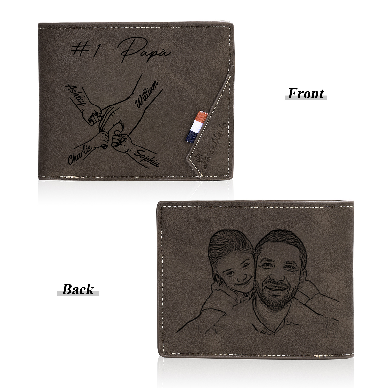 Portafoglio Personalizzato in Pelle PU con 4 Nomi e 1 Foto – Design con Mani che si Tengono – Regalo Elegante per Papà | Jessemade