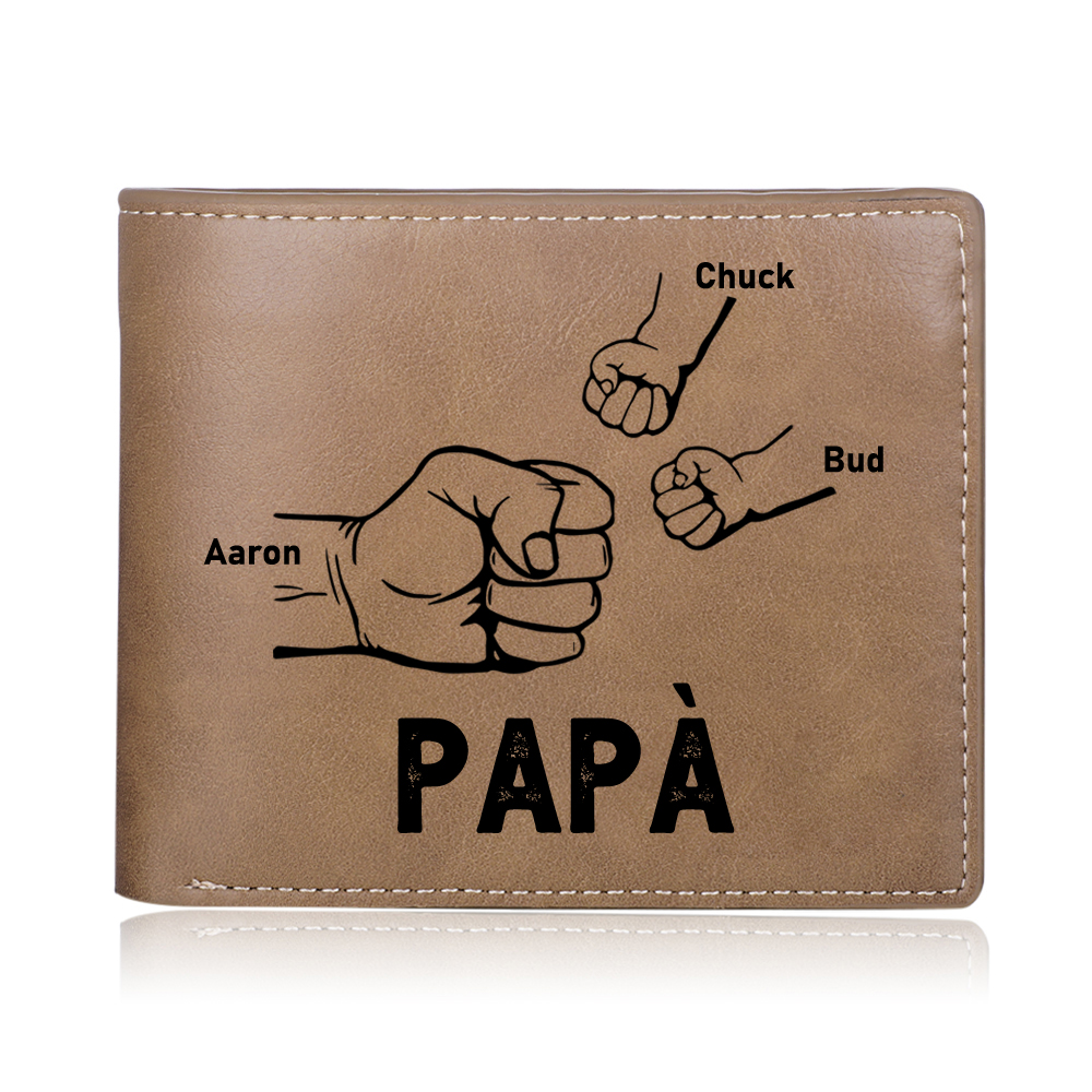 Portafoglio da Uomo Personalizzato con 3 Nomi e 1 Foto - Design con Pugno - Regalo Elegante per Papà | Jessemade