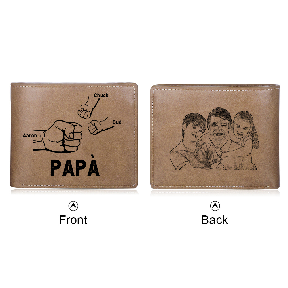 Portafoglio da Uomo Personalizzato con 3 Nomi e 1 Foto - Design con Pugno - Regalo Elegante per Papà | Jessemade