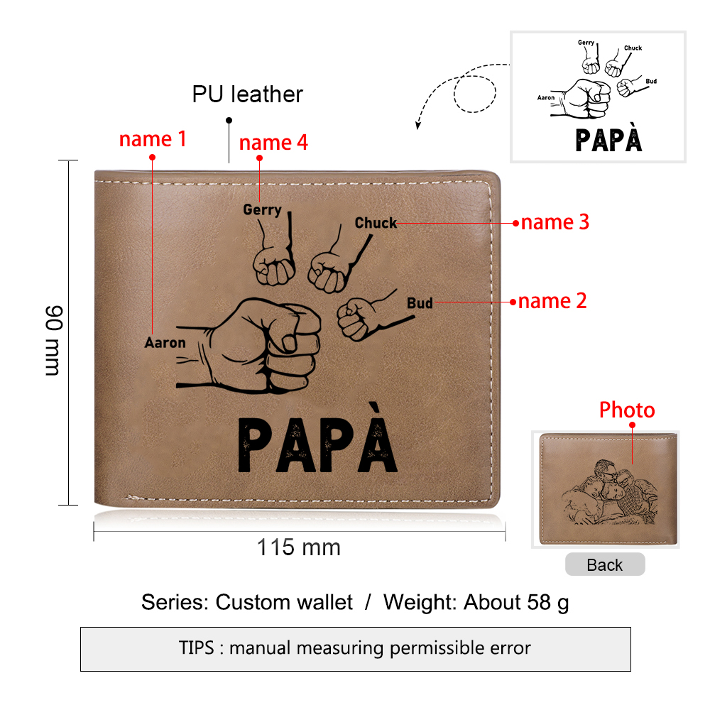 Portafoglio da Uomo Personalizzato con 4 Nomi e 1 Foto - Design con Pugno - Regalo Elegante per Papà | Jessemade