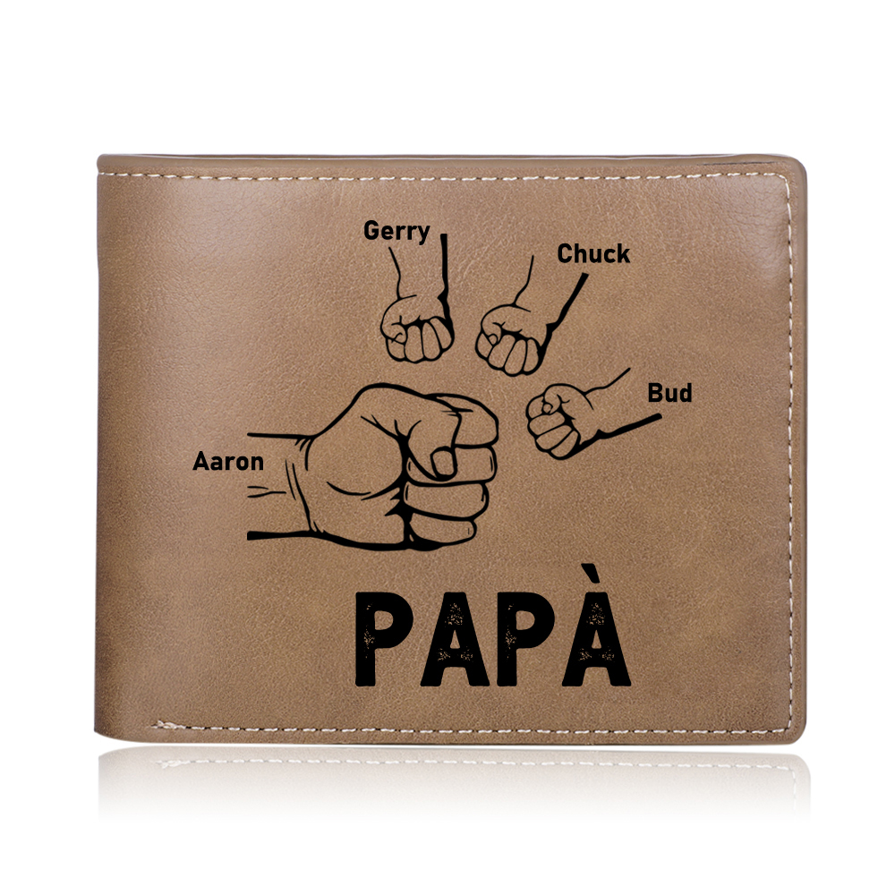 Portafoglio da Uomo Personalizzato con 4 Nomi e 1 Foto - Design con Pugno - Regalo Elegante per Papà | Jessemade
