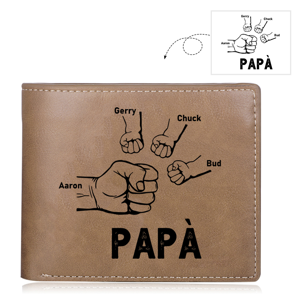 Portafoglio da Uomo Personalizzato con 4 Nomi e 1 Foto - Design con Pugno - Regalo Elegante per Papà | Jessemade