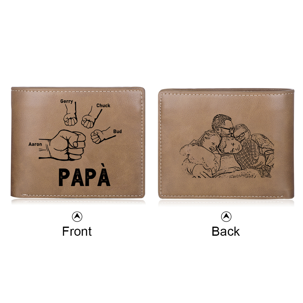 Portafoglio da Uomo Personalizzato con 4 Nomi e 1 Foto - Design con Pugno - Regalo Elegante per Papà | Jessemade