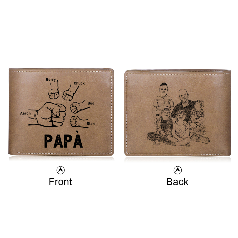 Portafoglio da Uomo Personalizzato con 5 Nomi e 1 Foto - Design con Pugno - Regalo Elegante per Papà | Jessemade