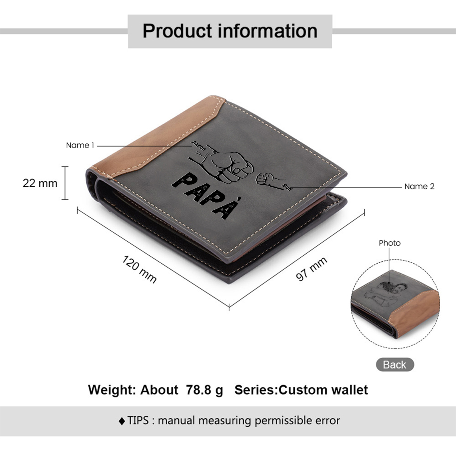 Portafoglio in Pelle Nera Personalizzato con 2 Nomi e 1 Foto - Design con Pugno - Regalo Elegante per Papà | Jessemade