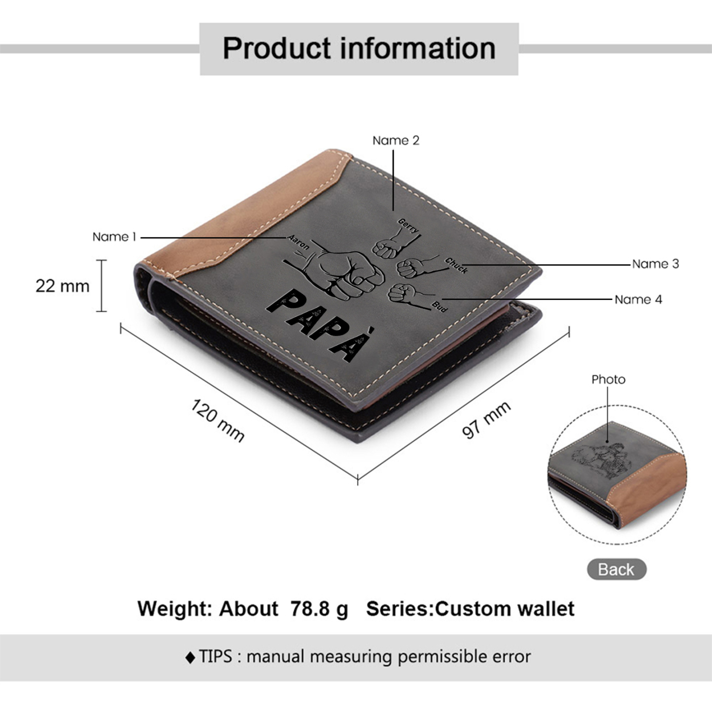 Portafoglio in Pelle Nera Personalizzato con 4 Nomi e 1 Foto - Design con Pugno - Regalo Elegante per Papà | Jessemade