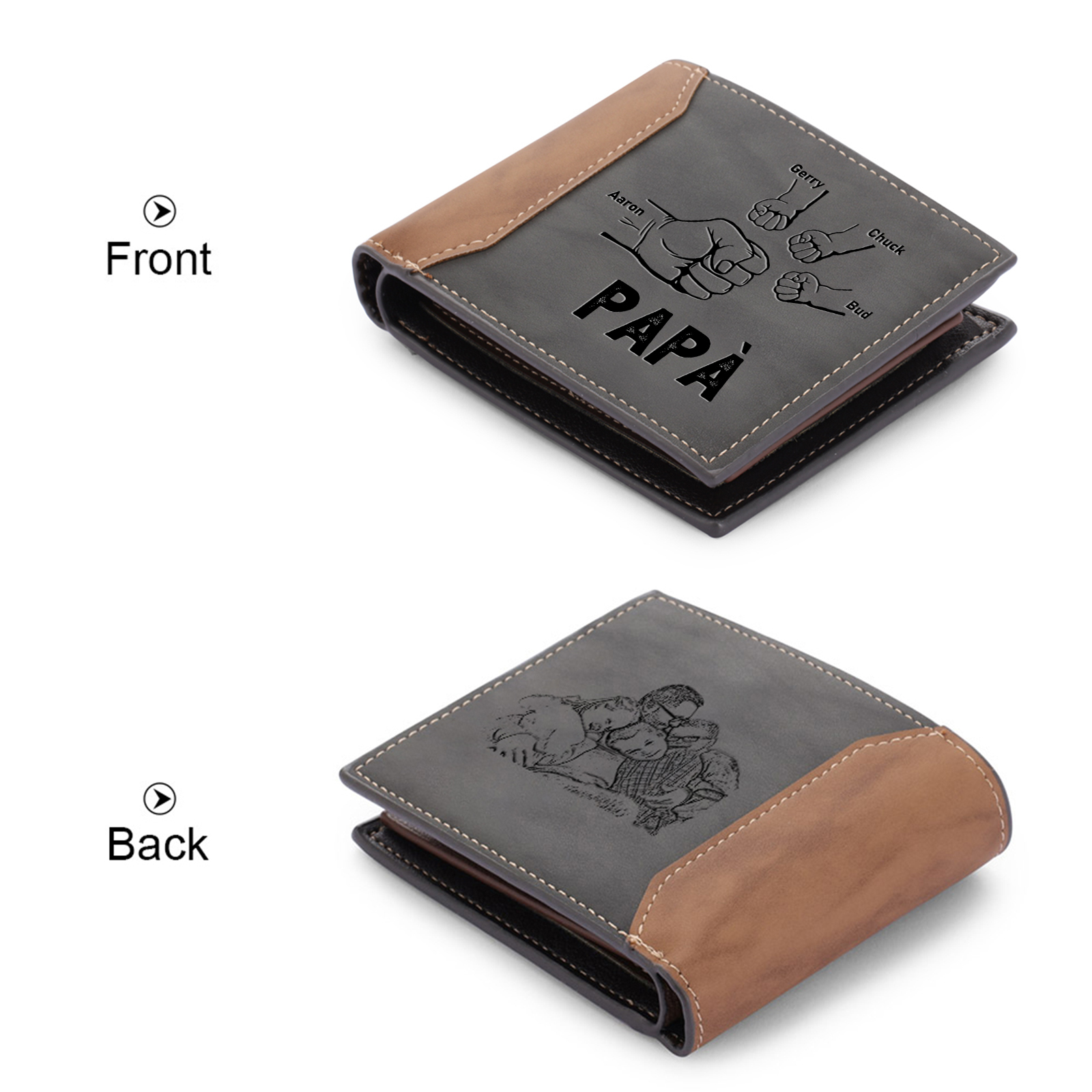 Portafoglio in Pelle Nera Personalizzato con 4 Nomi e 1 Foto - Design con Pugno - Regalo Elegante per Papà | Jessemade