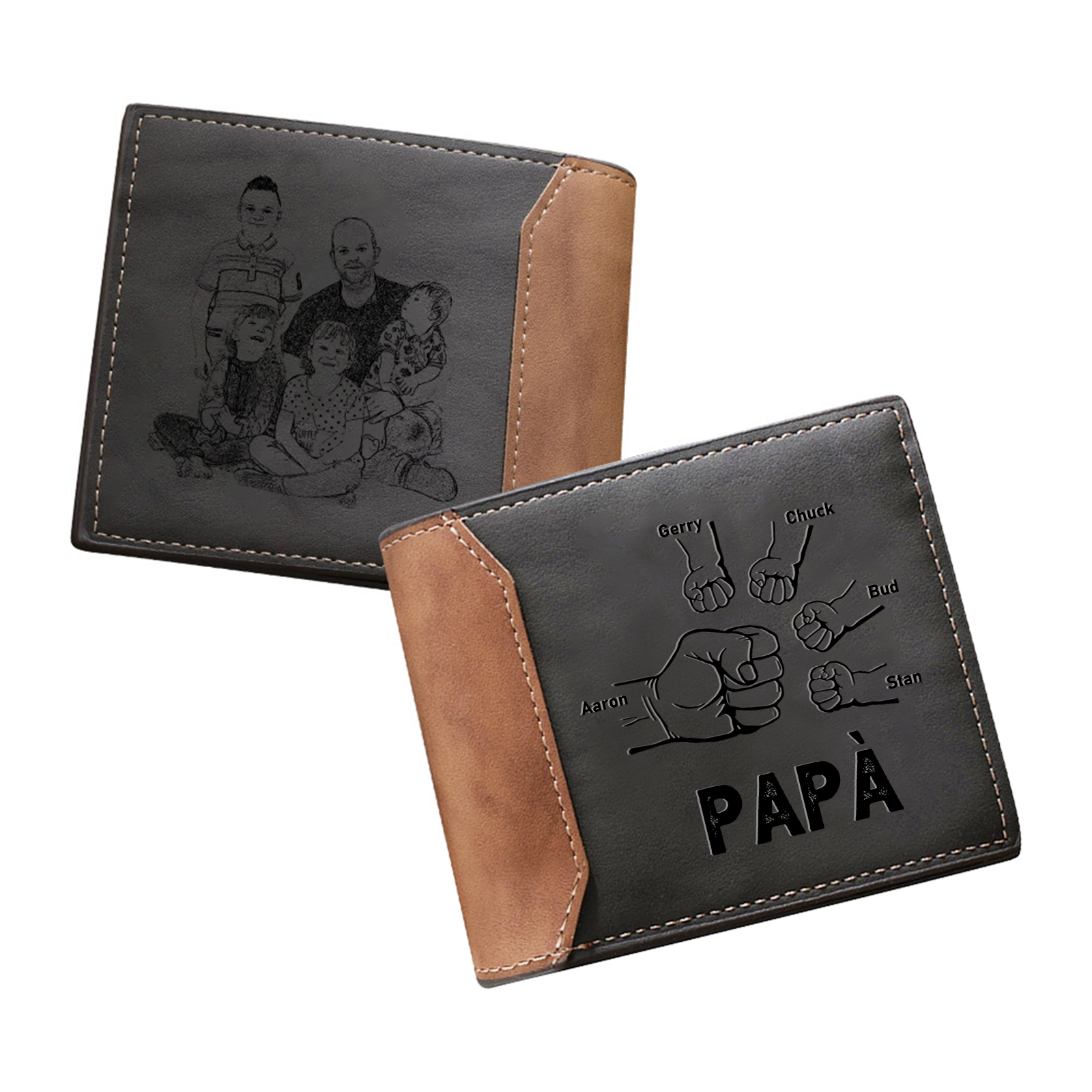 Portafoglio in Pelle Nera Personalizzato con 5 Nomi e 1 Foto - Design con Pugno - Regalo Elegante per Papà | Jessemade