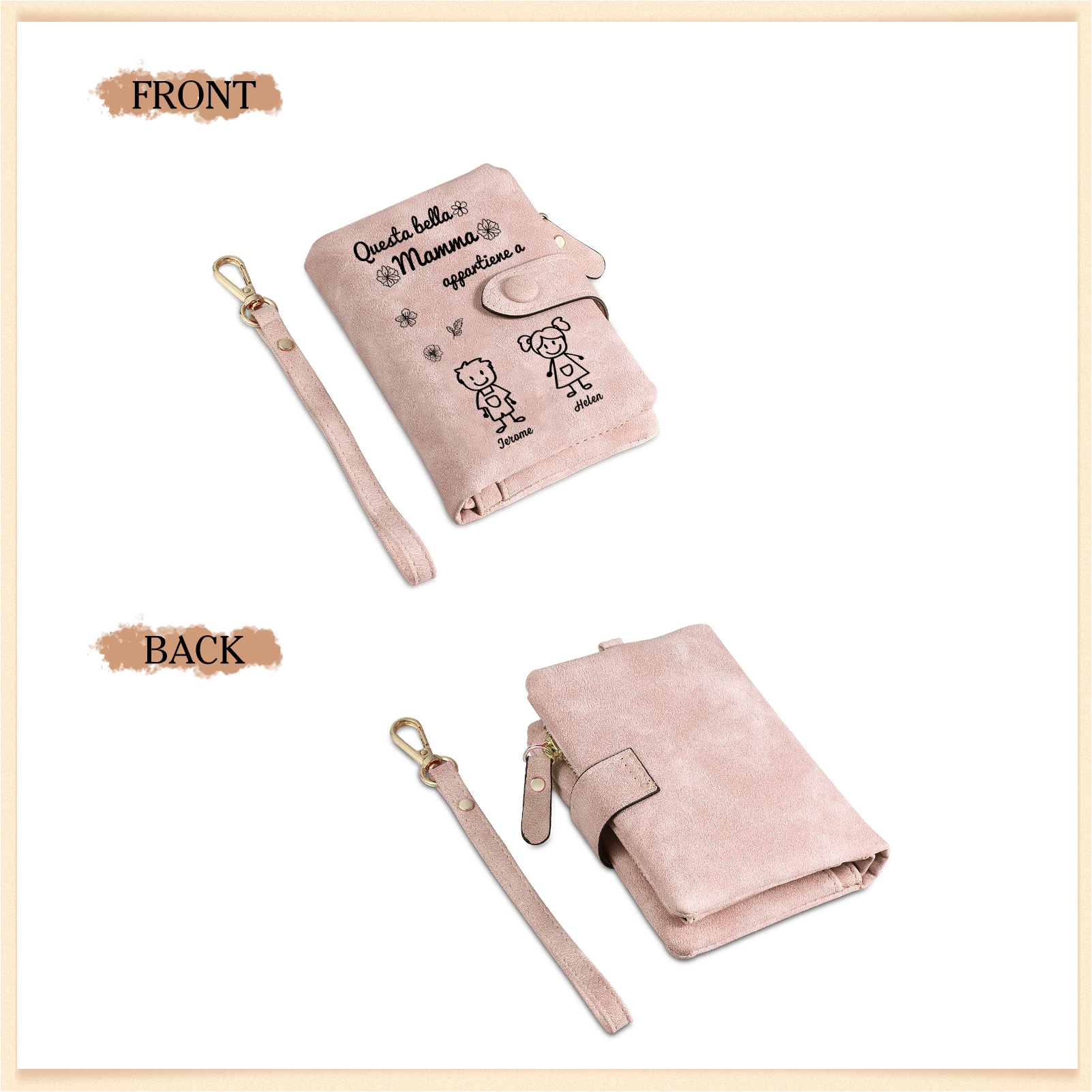 “Questa bella Mamma appartiene a” - 2 Nomi e Personaggio - Portafoglio personalizzato - Regalo Pratico per Mamma
