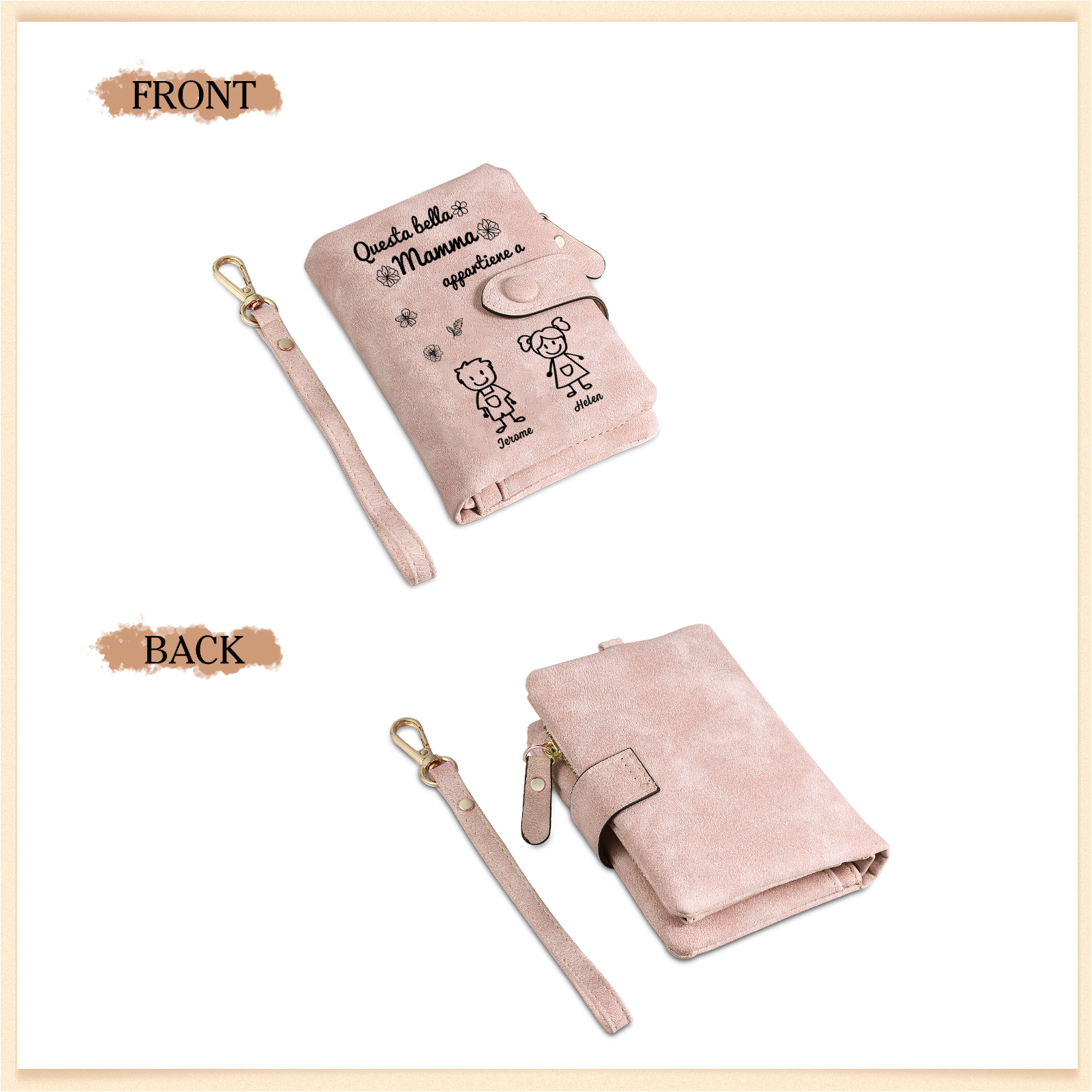 “Questa bella Mamma appartiene a” - 2 Nomi e Personaggio - Portafoglio personalizzato - Regalo Pratico per Mamma