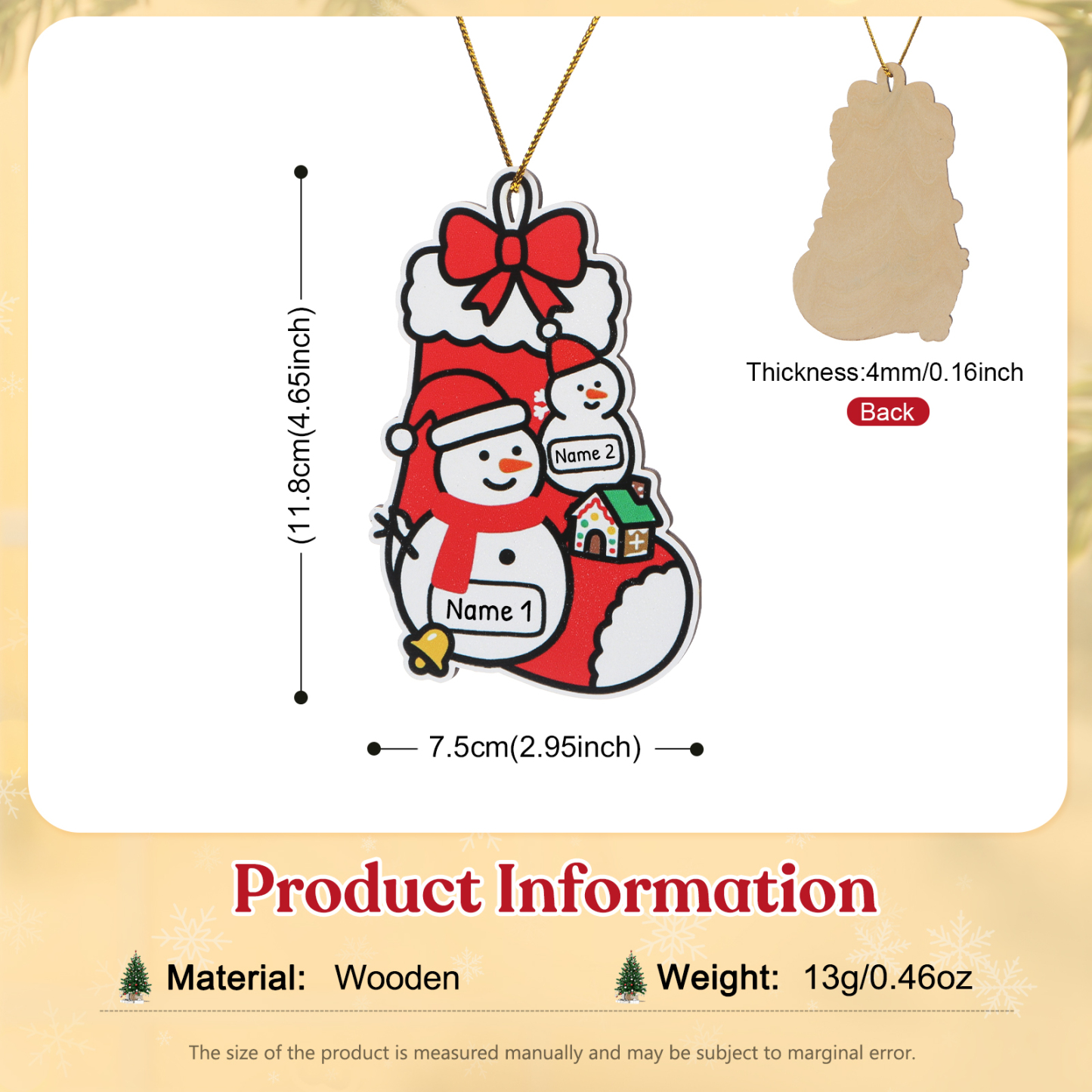 Decorazione per albero di Natale con famiglia di pupazzi di neve personalizzata con nome