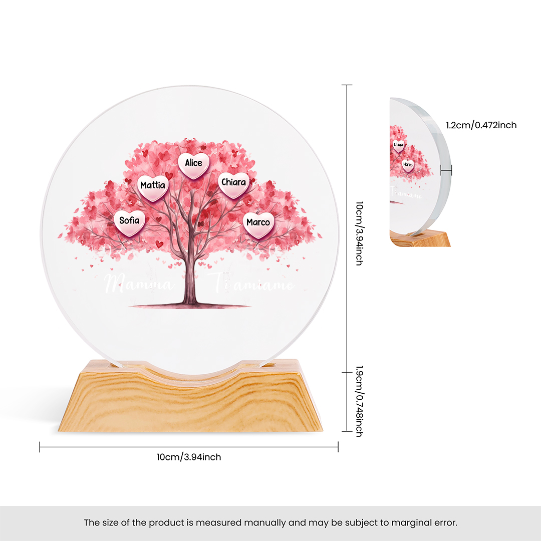 Luce notturna in cristallo LED personalizzata con albero genealogico a forma di cuore e da 1 a 7 nomi