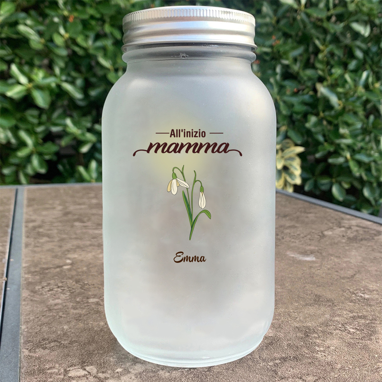 Barattolo solare in vetro personalizzato in stile Mason jar con motivo floreale – regalo “Prima mamma, ora nonna”