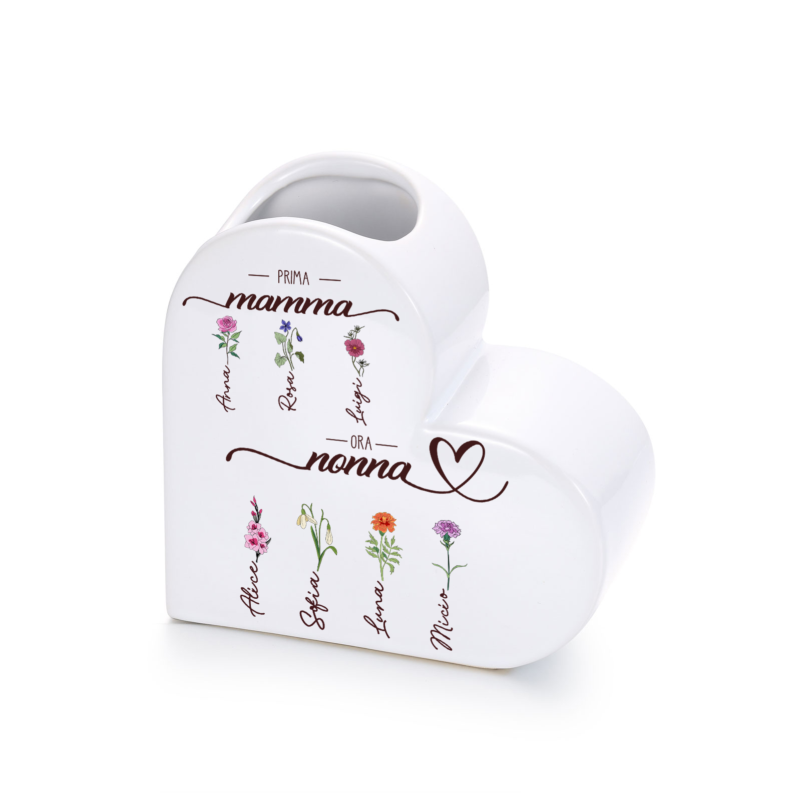 Vaso personalizzato Cuore in Ceramica Prima mamma ora nonna personalizzato con 2–10 fiori di nascita e nomi
