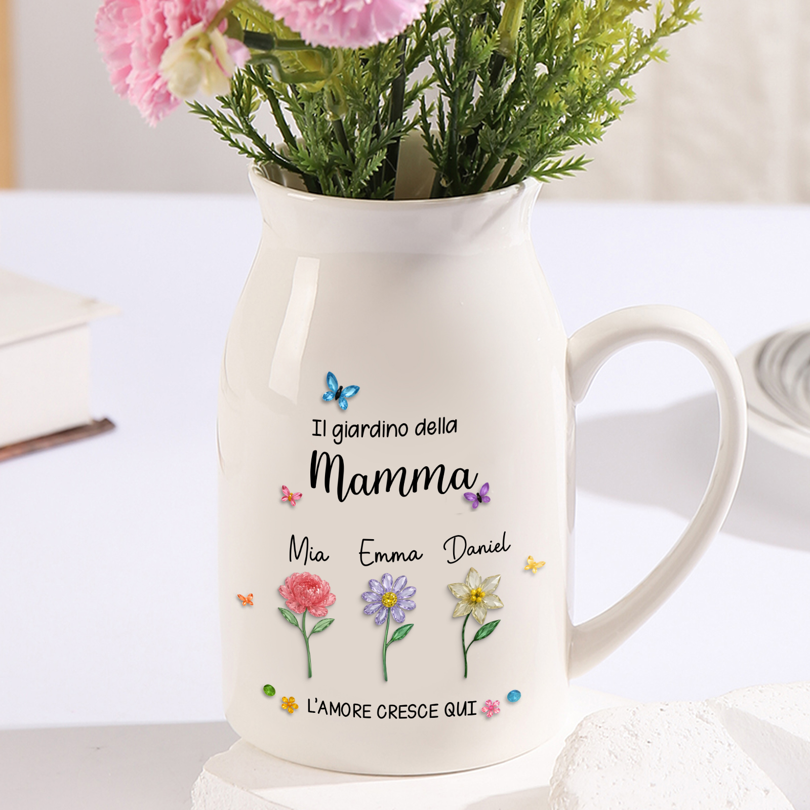 Vaso in ceramica personalizzato « Il giardino della mamma o della nonna » con da 1 a 10 fiori di nascita e nomi