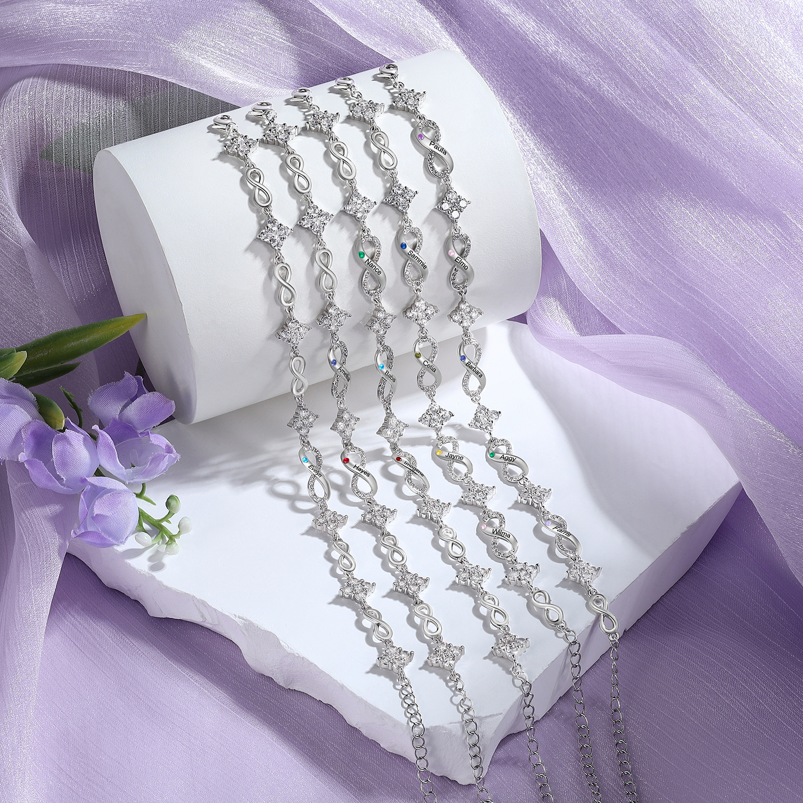 Bracciale Infinito Personalizzato con Pietra di Nascita, da 1 a 5 Nomi