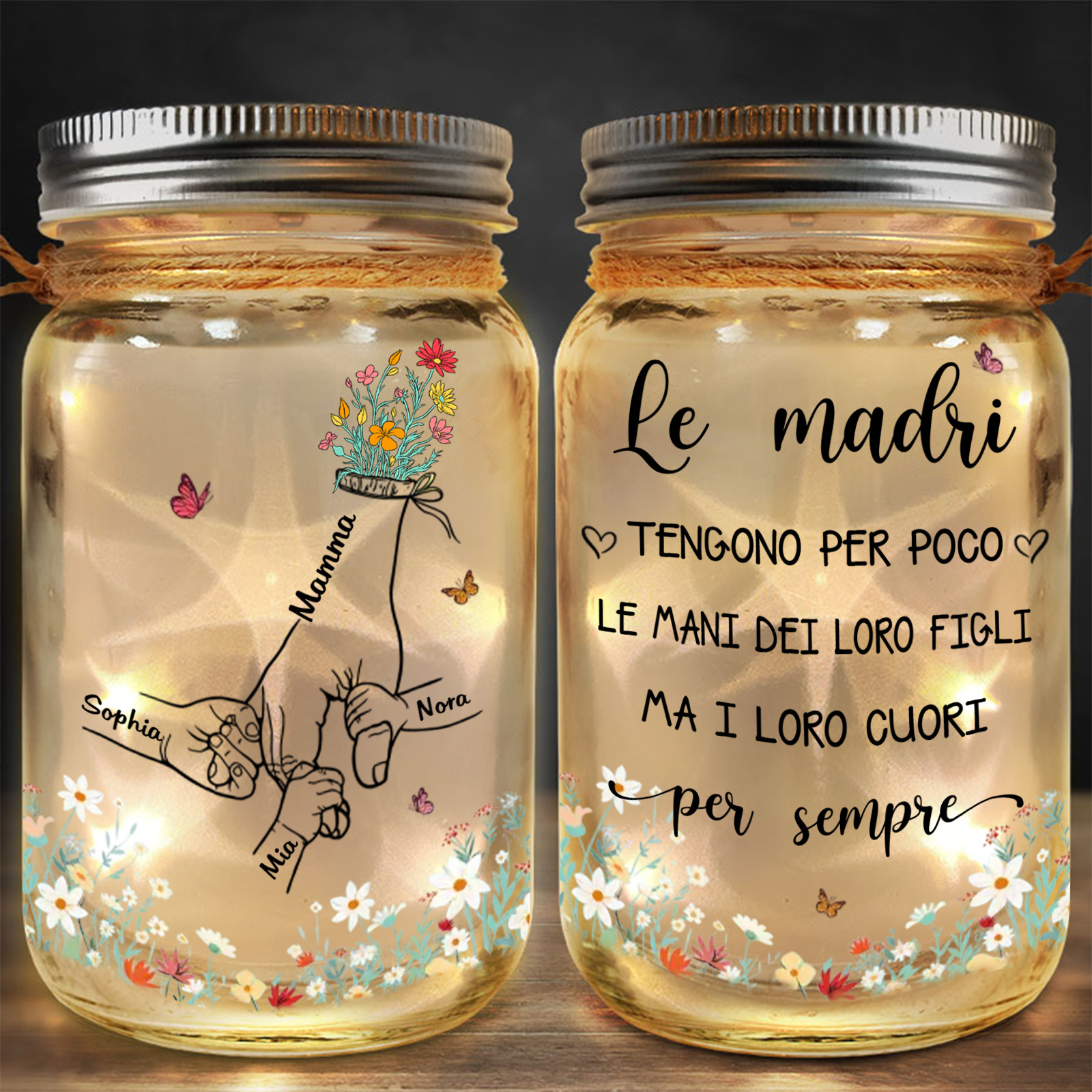 Bottiglia luminosa solare personalizzata mano nella mano barattolo in vetro per la mamma
