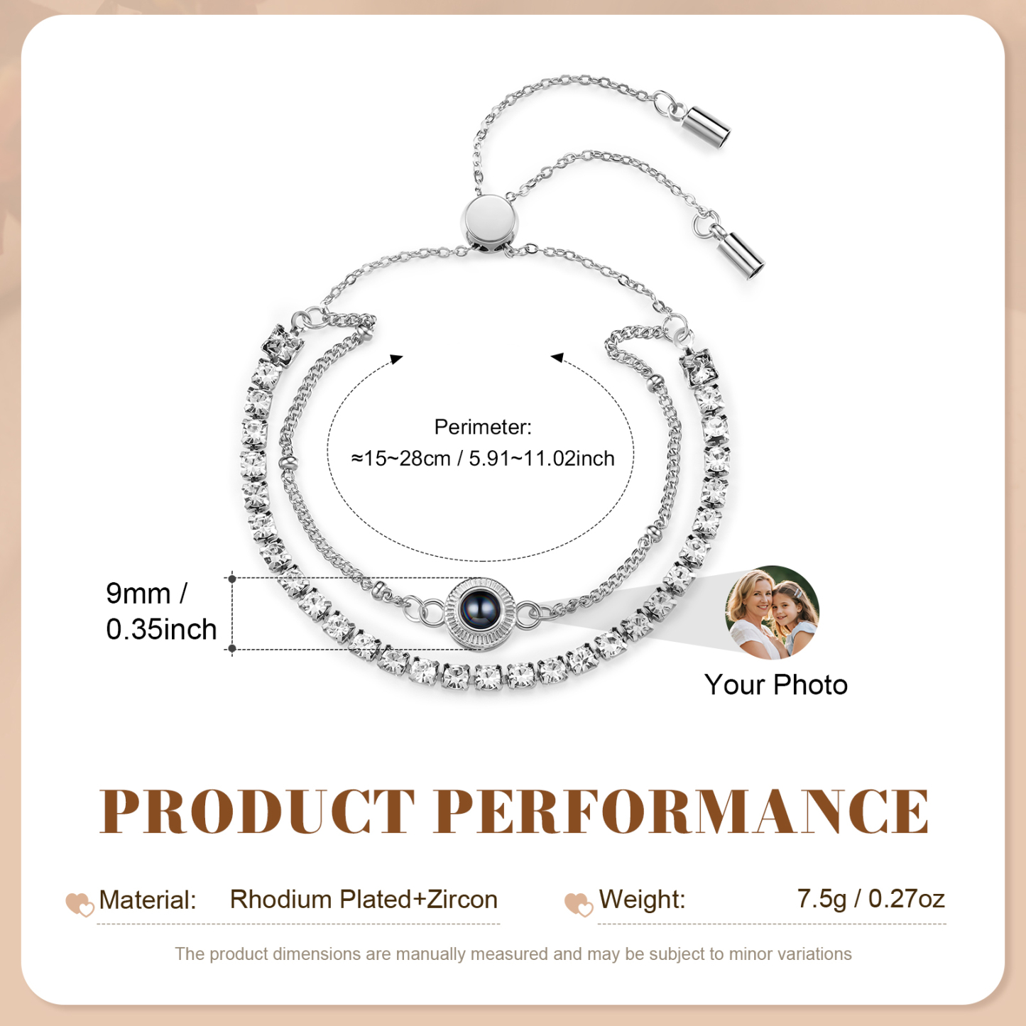 Bracciale con proiezione fotografica personalizzata e doppia fila di strass – bracciale da donna regolabile