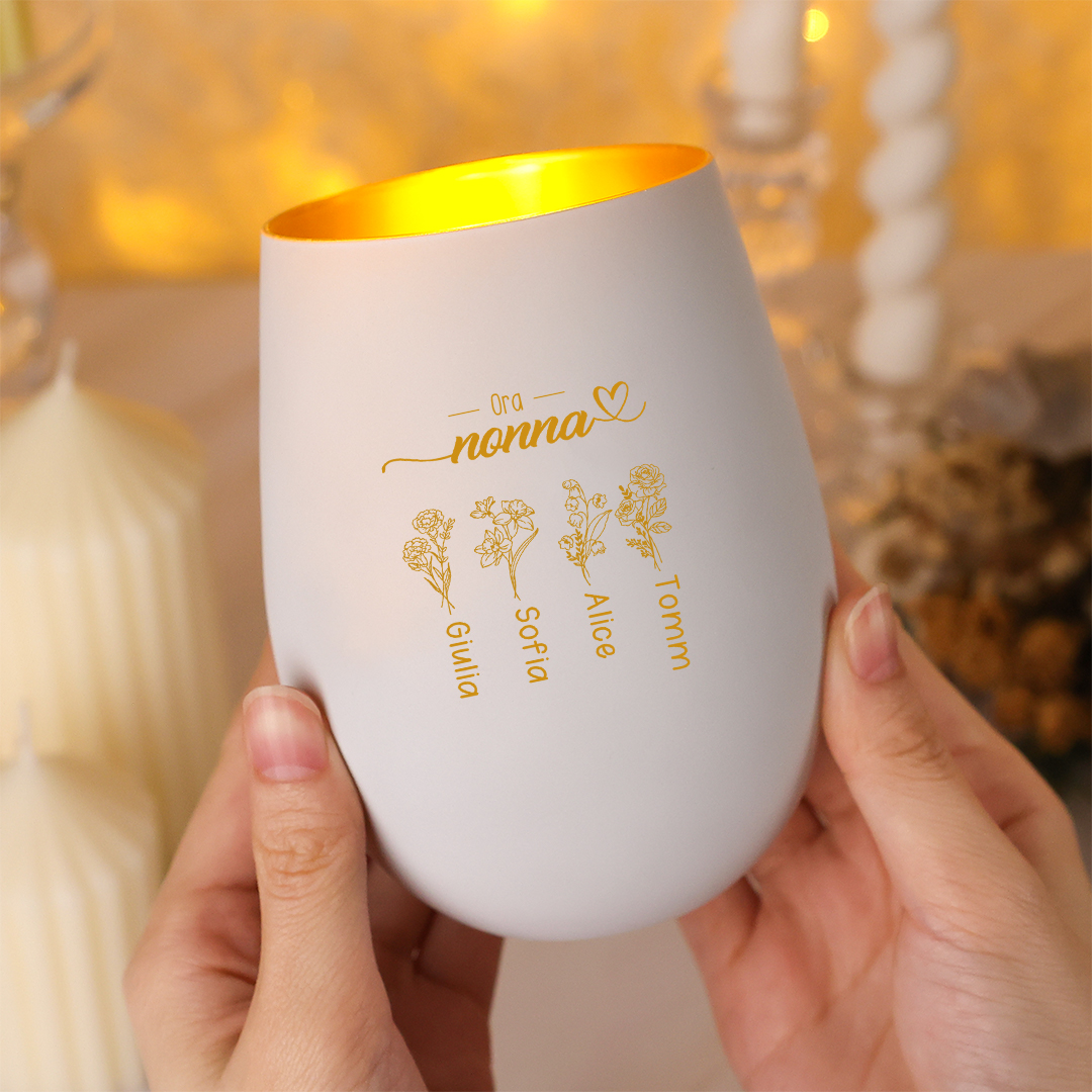 Portacandela personalizzato in vetro con 2-10 fiori di nascita e nomi per mamma/nonna