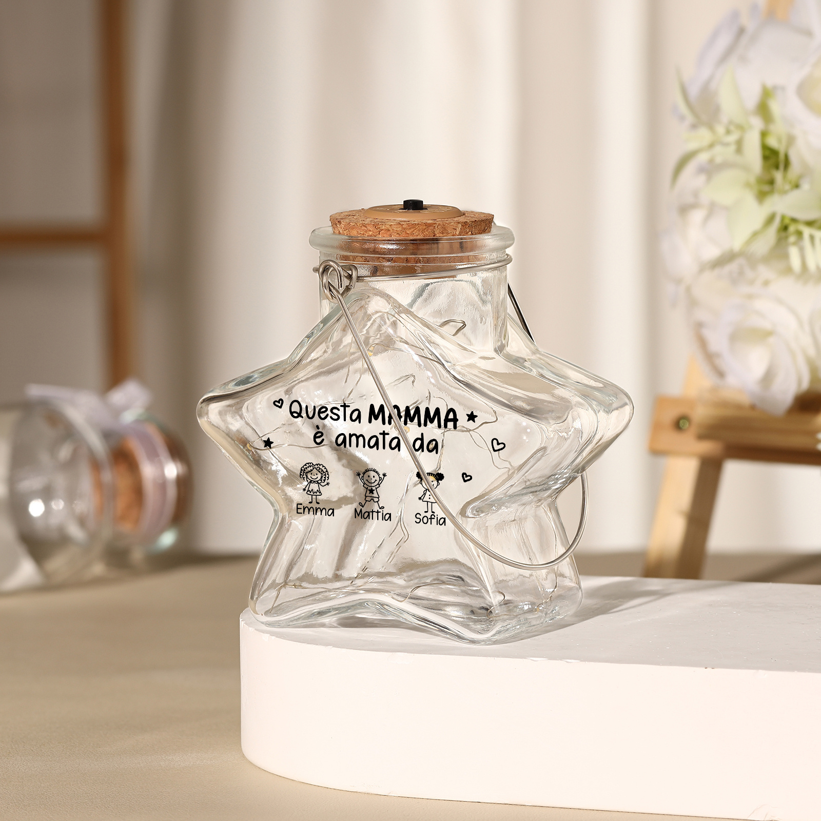 Bottiglia di vetro personalizzata a forma di stella con luci Questa mamma è amata da