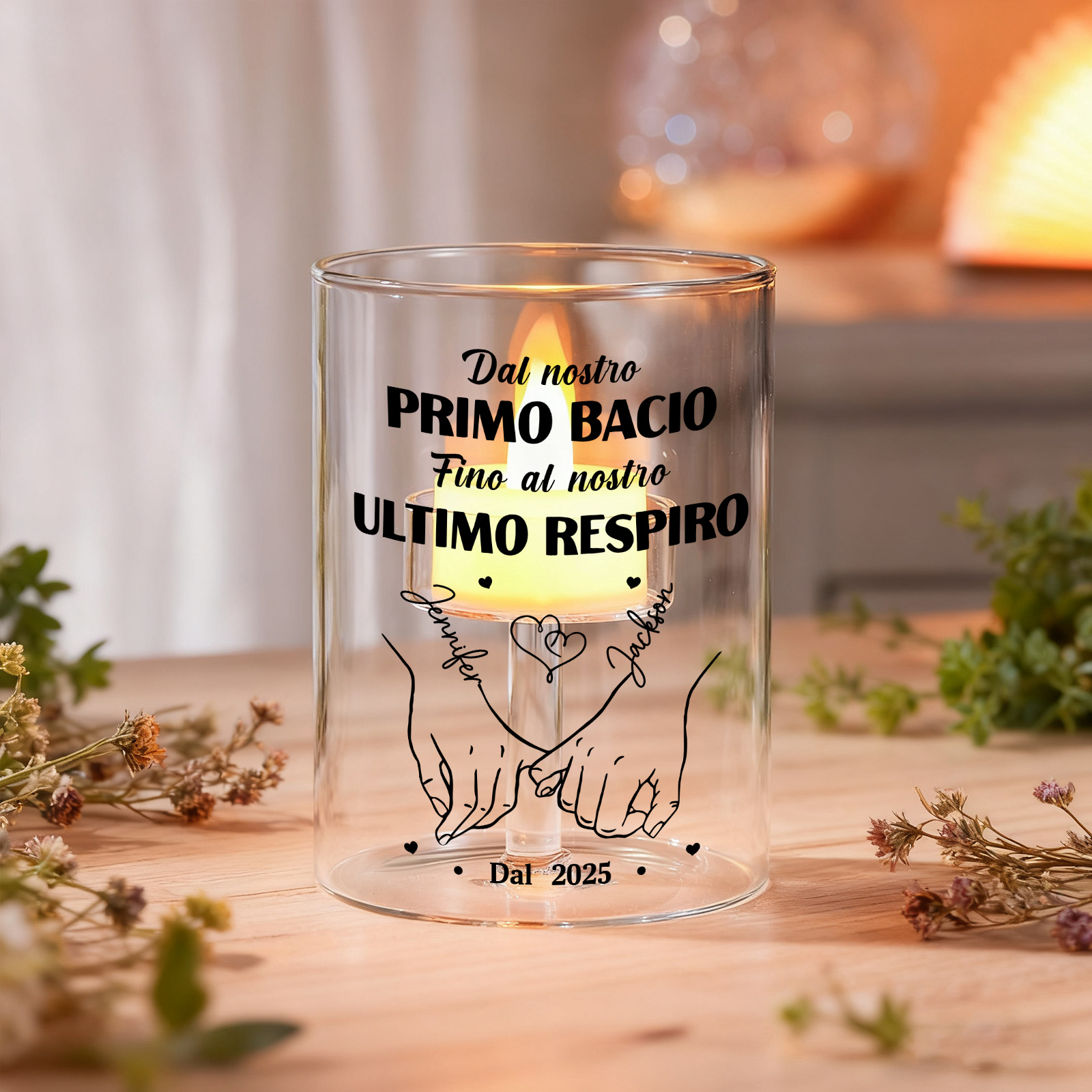Portacandele in vetro personalizzato senza candela - Dal nostro primo bacio fino al nostro ultimo respiro
