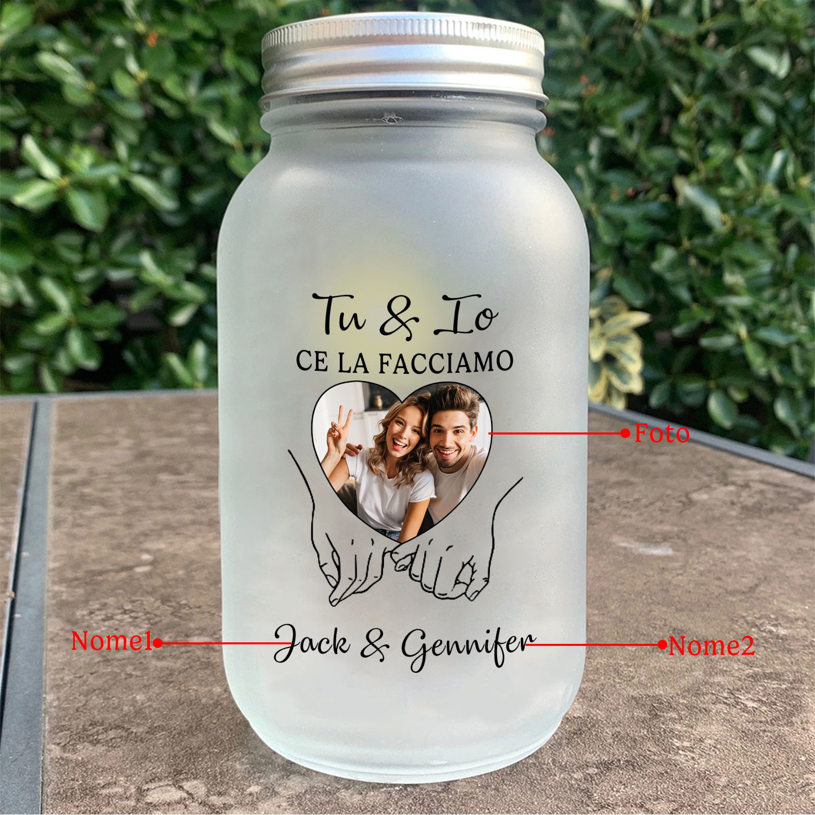 Barattolo solare a LED personalizzabile con foto, bottiglia luminosa per coppia
