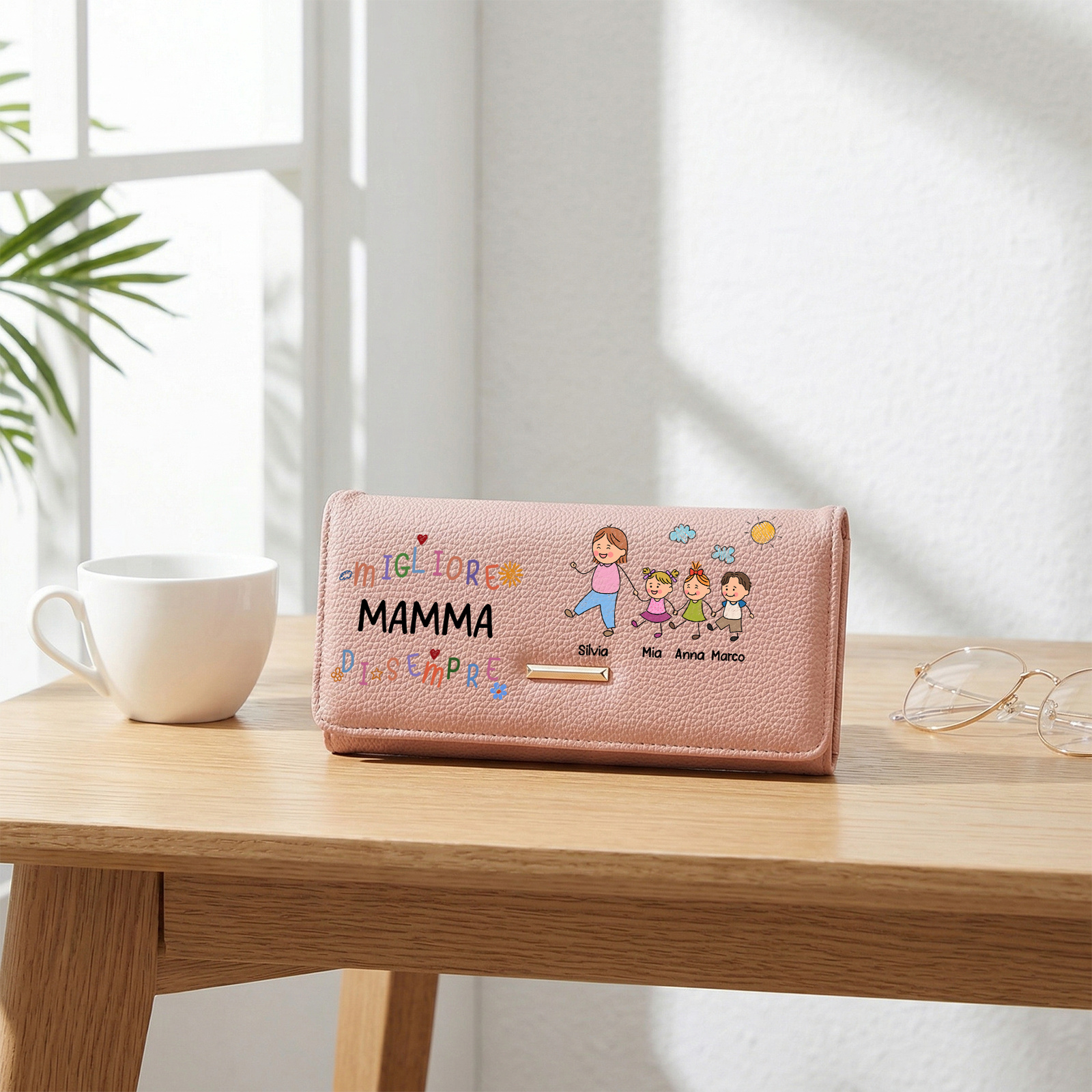 Portafoglio in pelle personalizzato “Migliore mamma/nonna del mondo” con motivo familiare personalizzato con 1–8 nomi