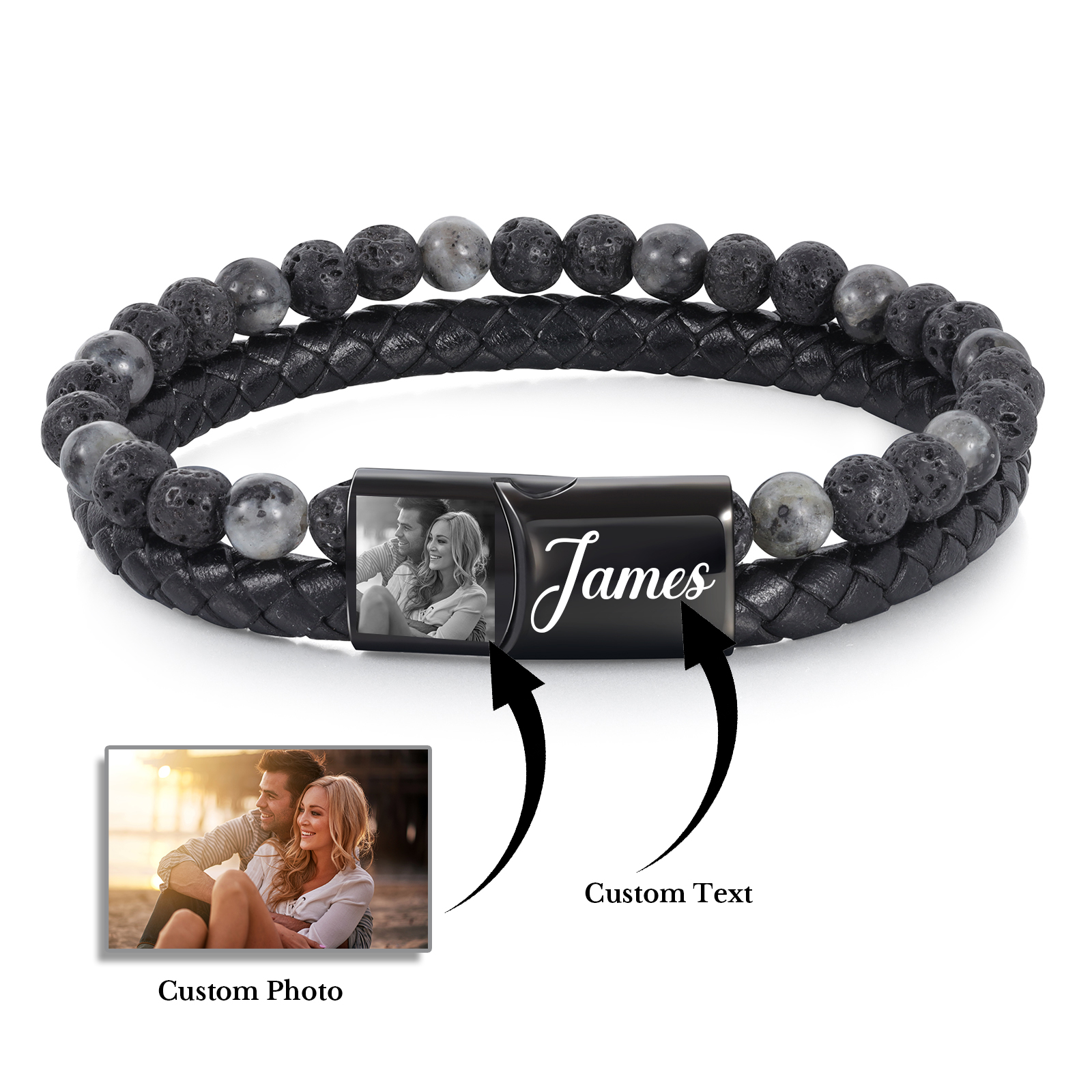 Bracciale personalizzato in lava e pelle con foto e testo a scelta per uomo