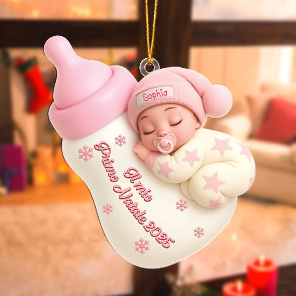 Decorazione per albero di Natale con neonato che dorme con il biberon, regalo per il primo Natale del bebè